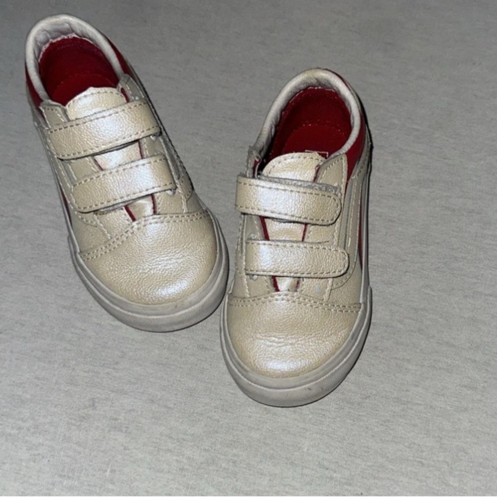 Kids Toddler Size 7 Beige and Red Velcro Vans Sneakers.